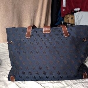 Authentic Dooney & Bourke Navy Monogrammed Tote with Brown Leather Accents